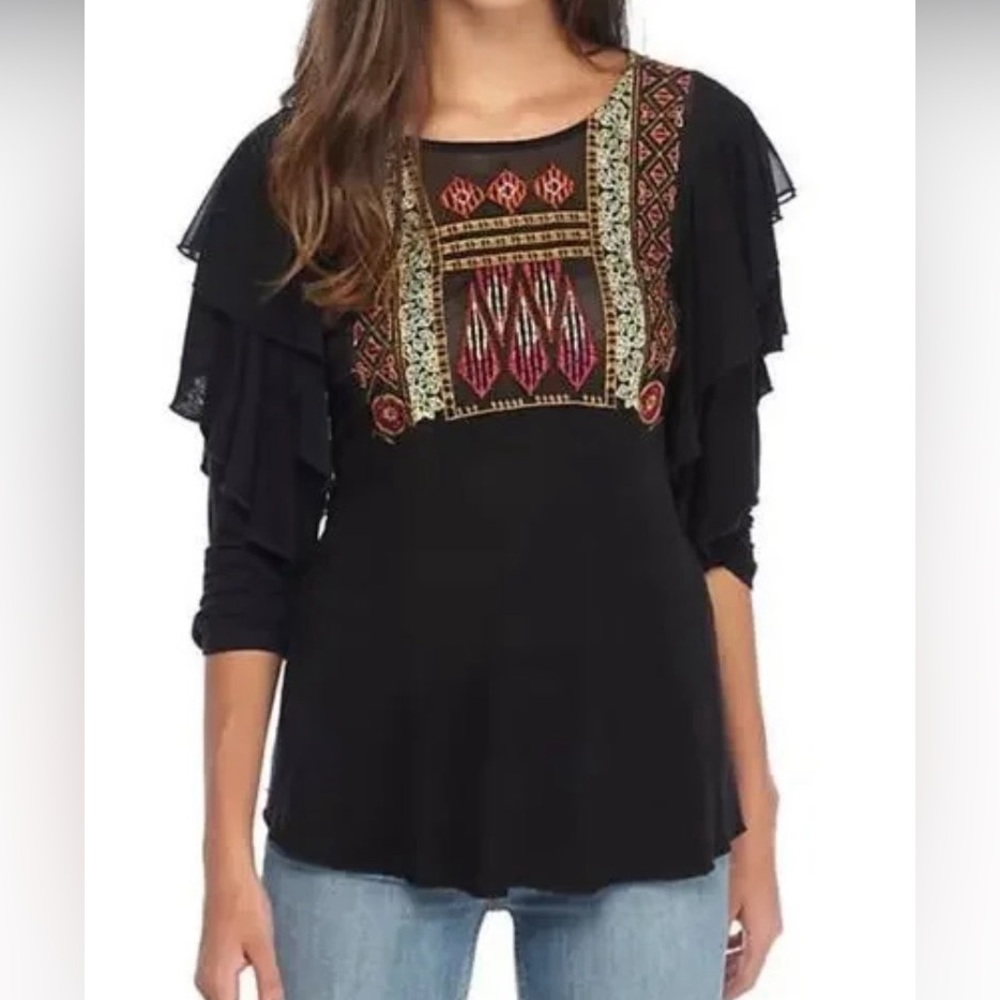 Free People La Cienga Ruffled sleeve top sheer embroidered black boho